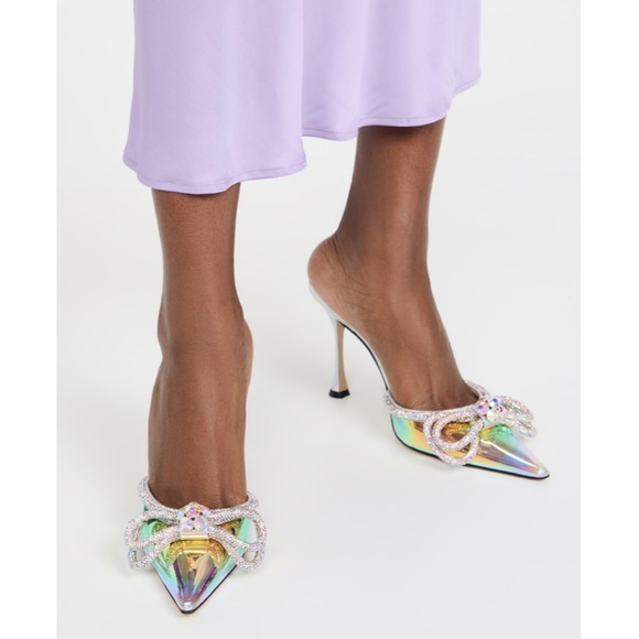 MACH & MACH Shoes - Mach & Mach Crystal Double Bow Pointed Toe Mule Heels Iridescent Silver 37 NEW